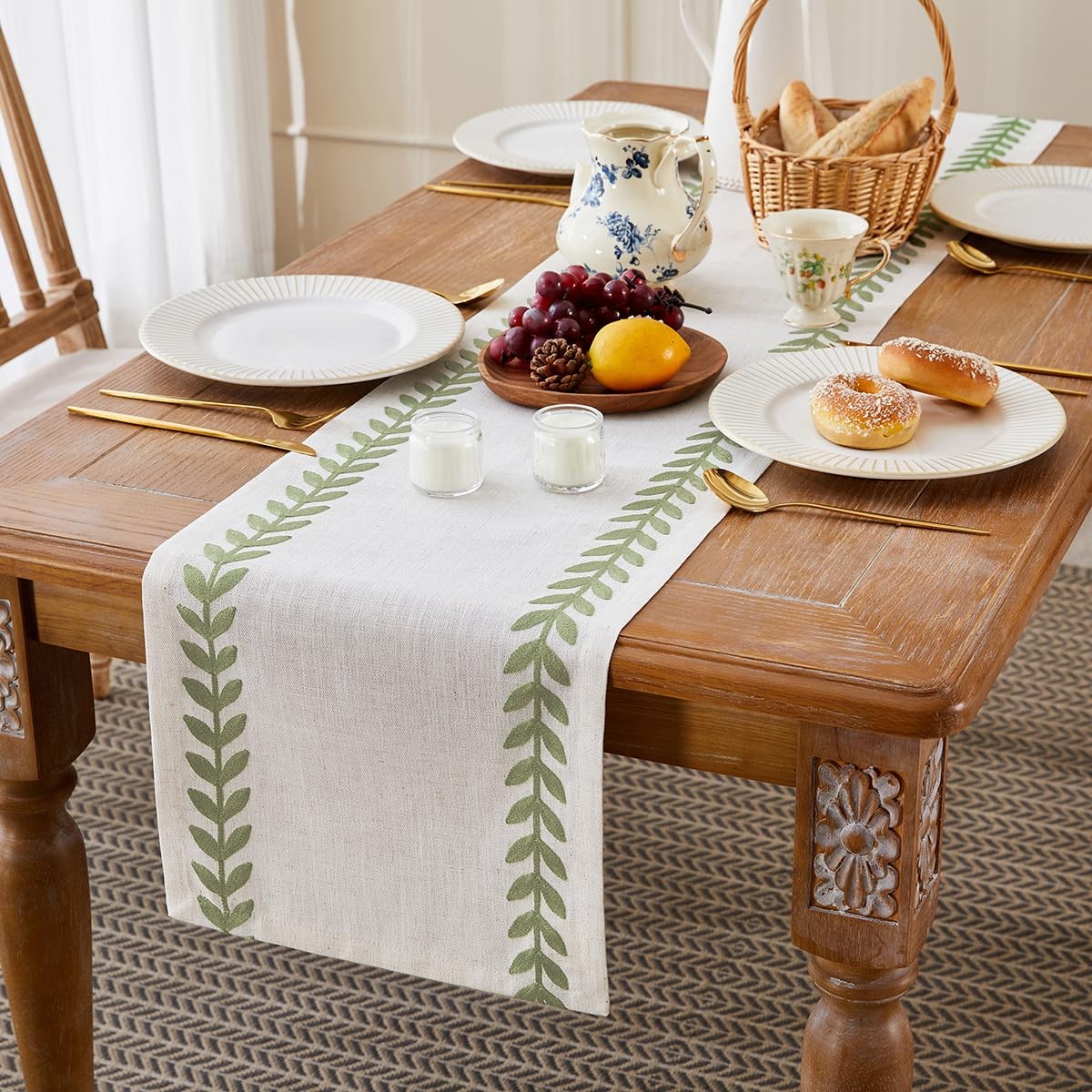 Aoztio rustic embroidered table runner with irregular willow leaf design, 13x108 inches, natural fabric and detailed embroidery.