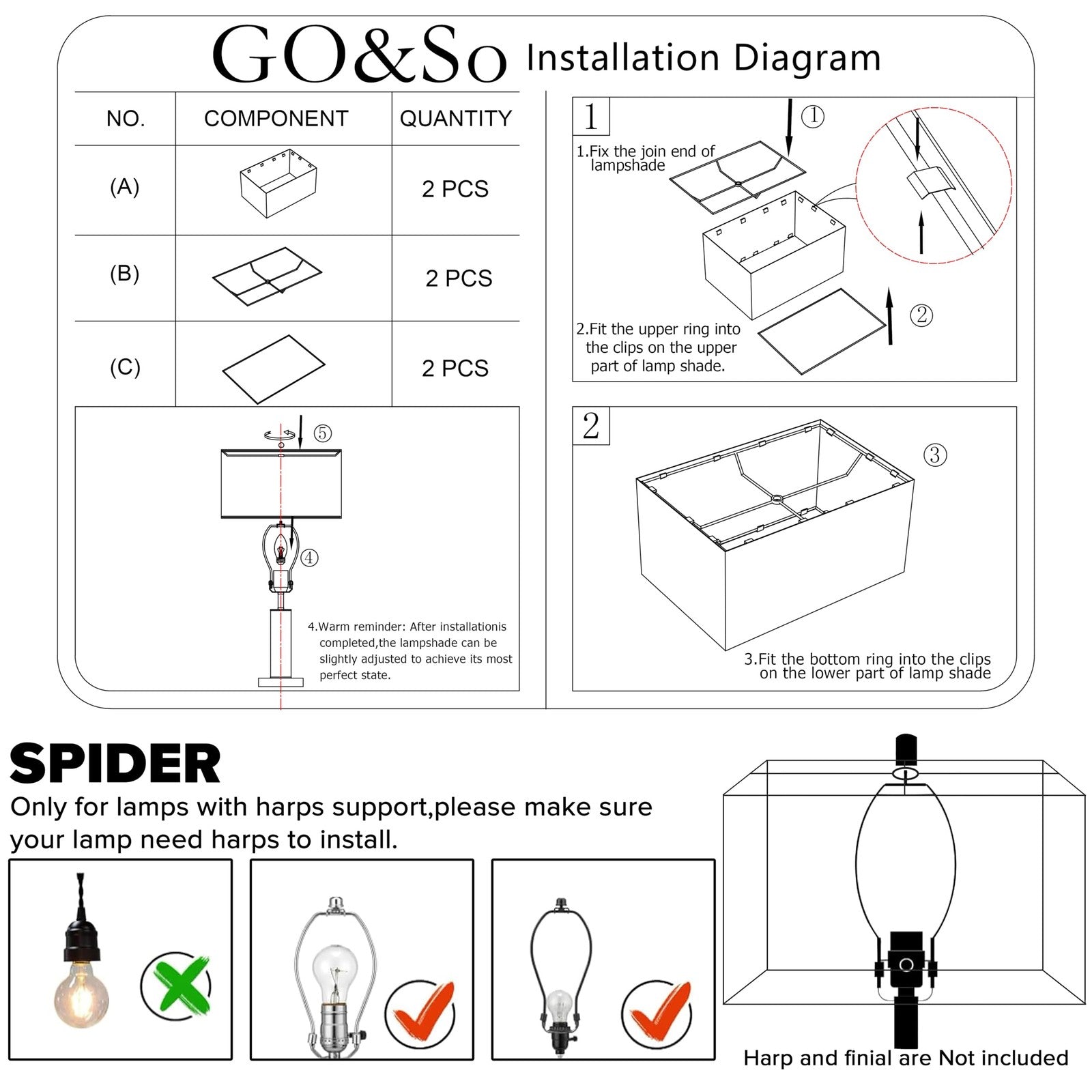 Set of two GO&SO GOSO white linen texture rectangle lamp shades, 8x9x14 inches with spider fittings, featuring a stylish linen finish.