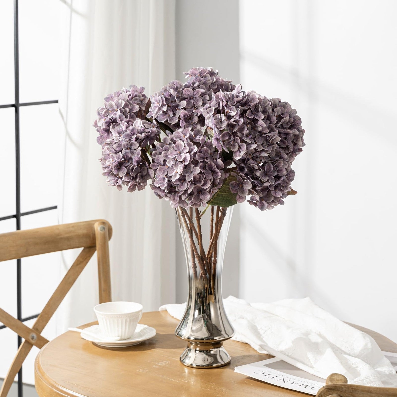 Artificial silk hydrangea flower heads bouquet with stems, perfect for fall decor, by Uqueeten.