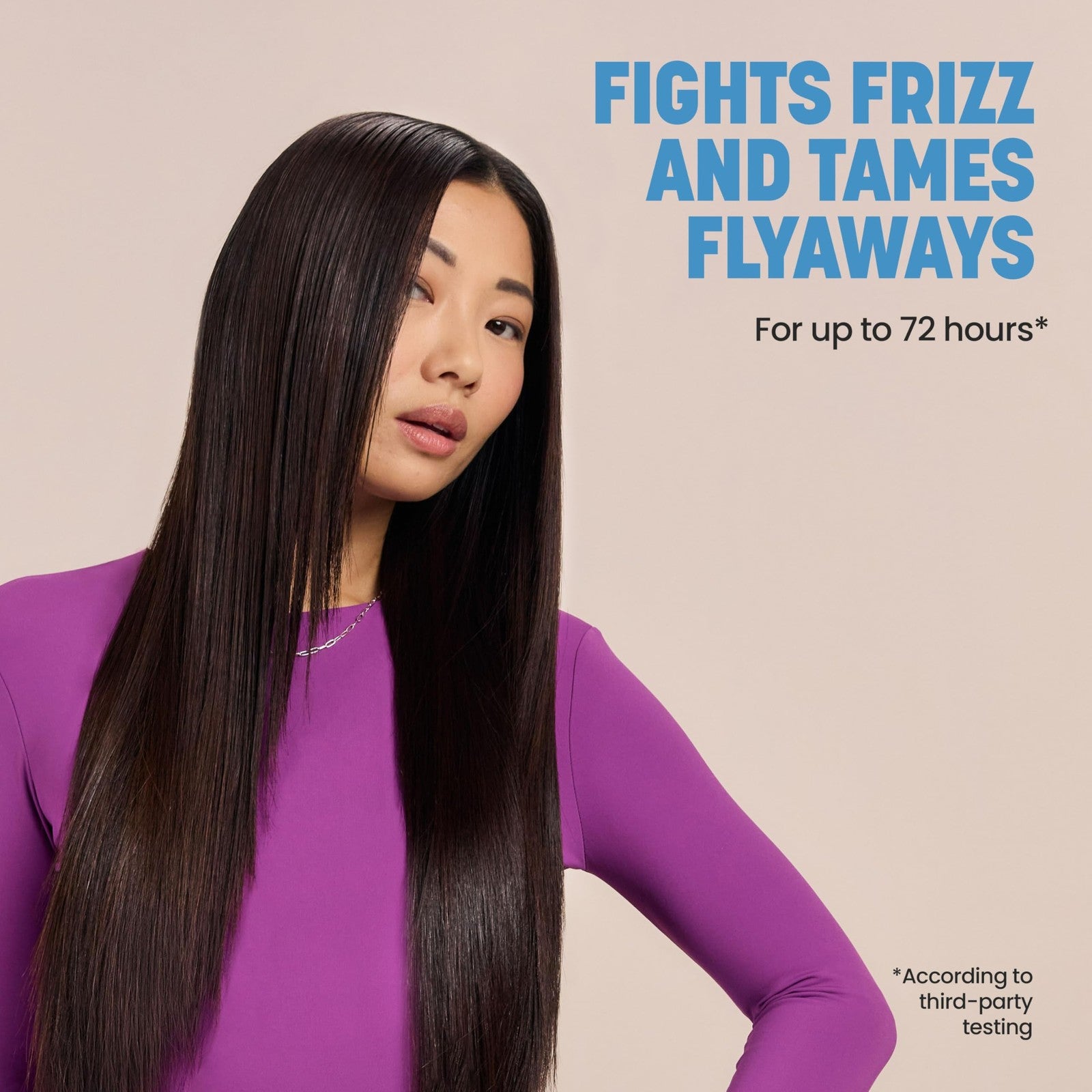 Drybar Liquid Glass High-Gloss Finishing Serum applied to smooth, shiny hair after blowout for frizz reduction and a sleek finish.