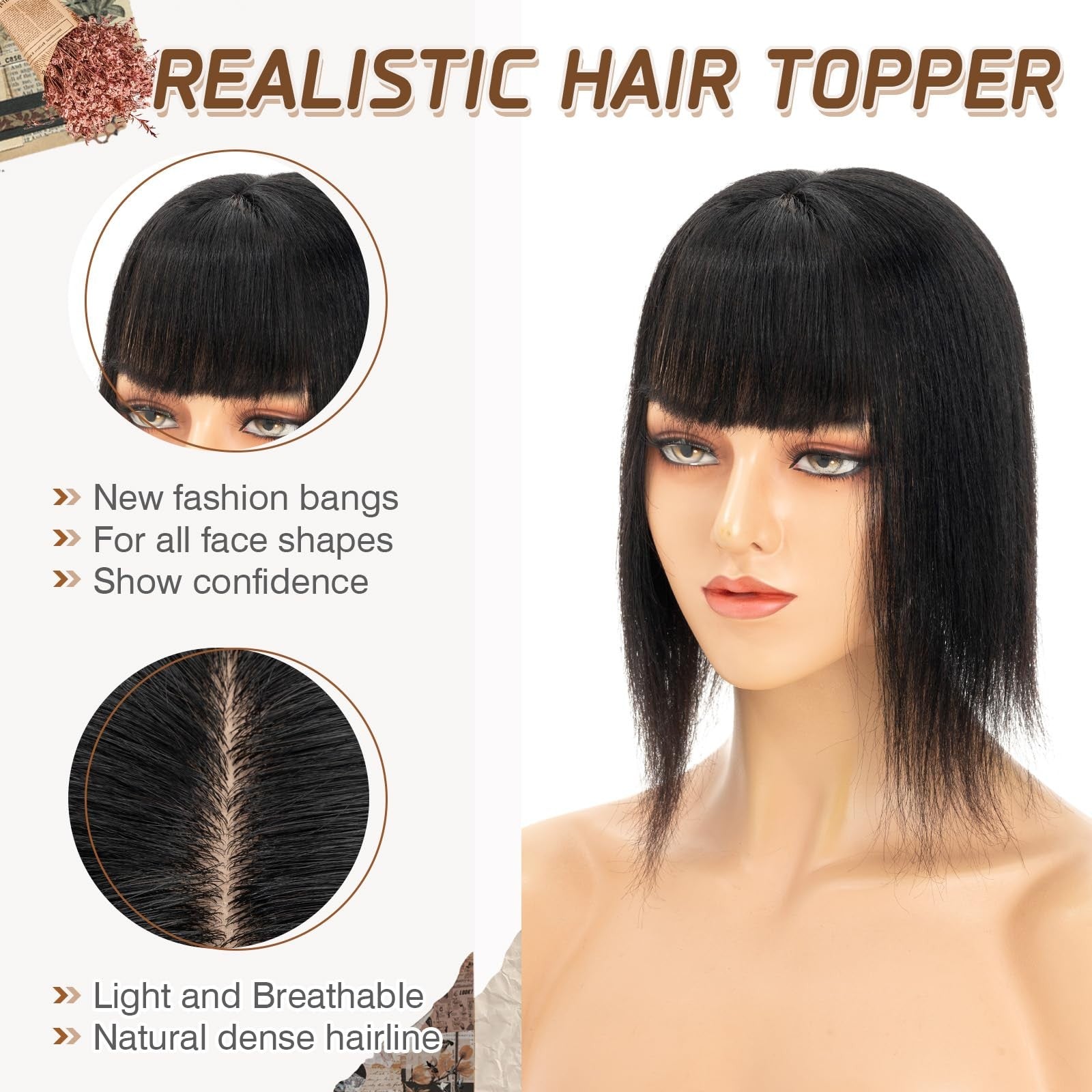 Rich Choices Real Human Hair Topper for Women with Bangs, 100% Remy Human Hair, natural-looking hairpiece with layered bangs.