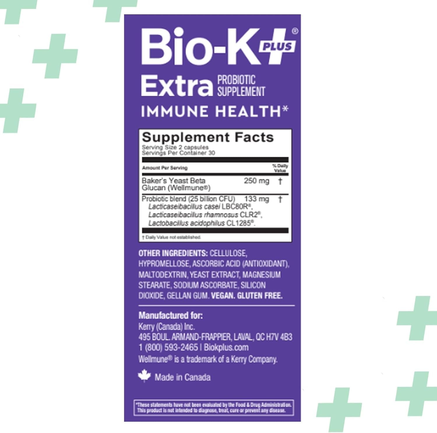 Bio K+ Vegan Probiotics supplement with Wellmune, showing the bottle label and capsules for immune health, 25 billion CFUs.