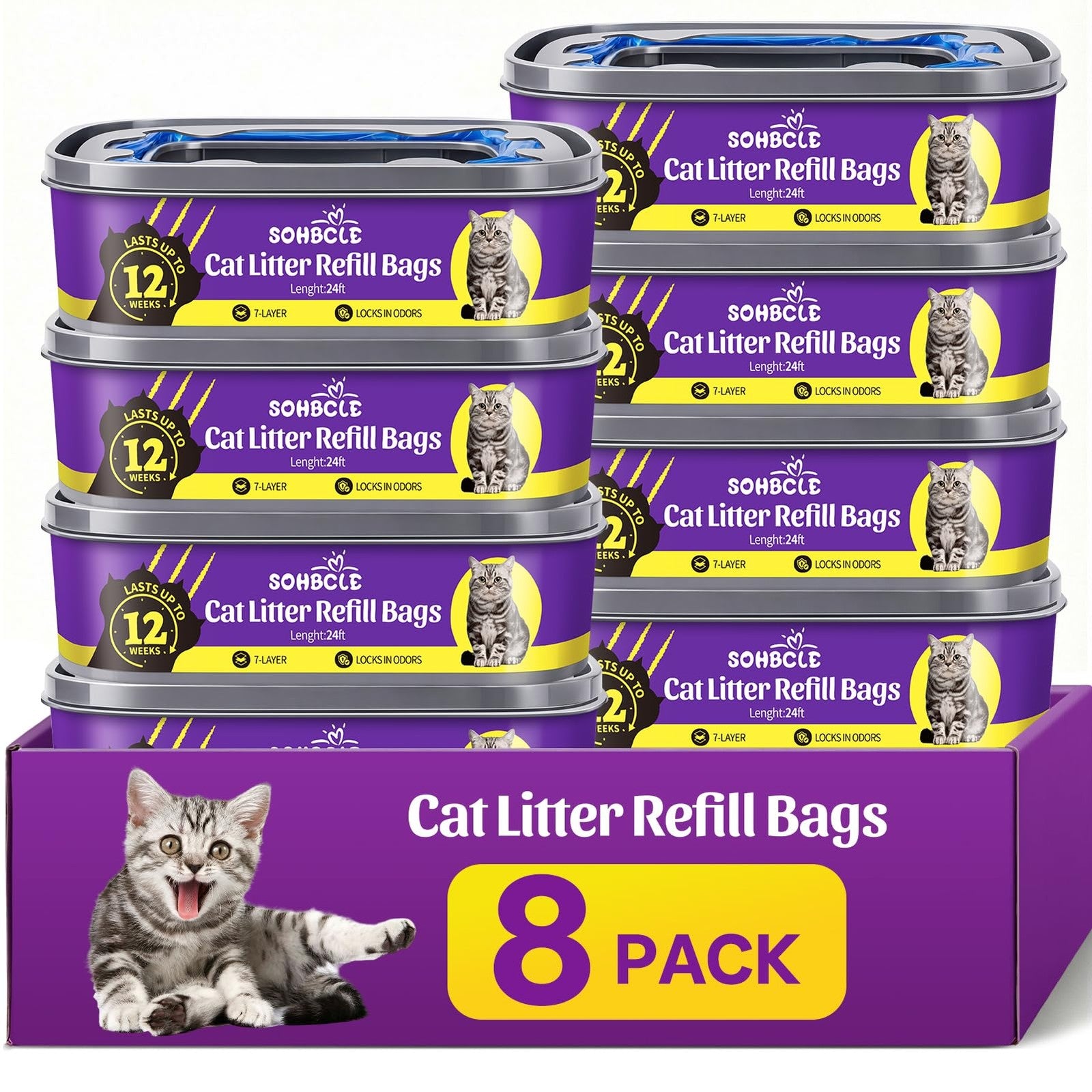 Upgraded SOHBCLE cat litter refill bags, 8-pack cartridges compatible with Genie Cat Litter, showing sealed refill bags for cats.