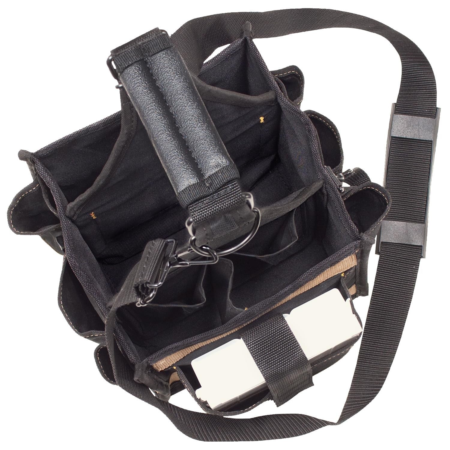 Custom Leathercraft 1526 25-pocket electrical maintenance tool carrier with leather and fabric pockets for tools and accessories