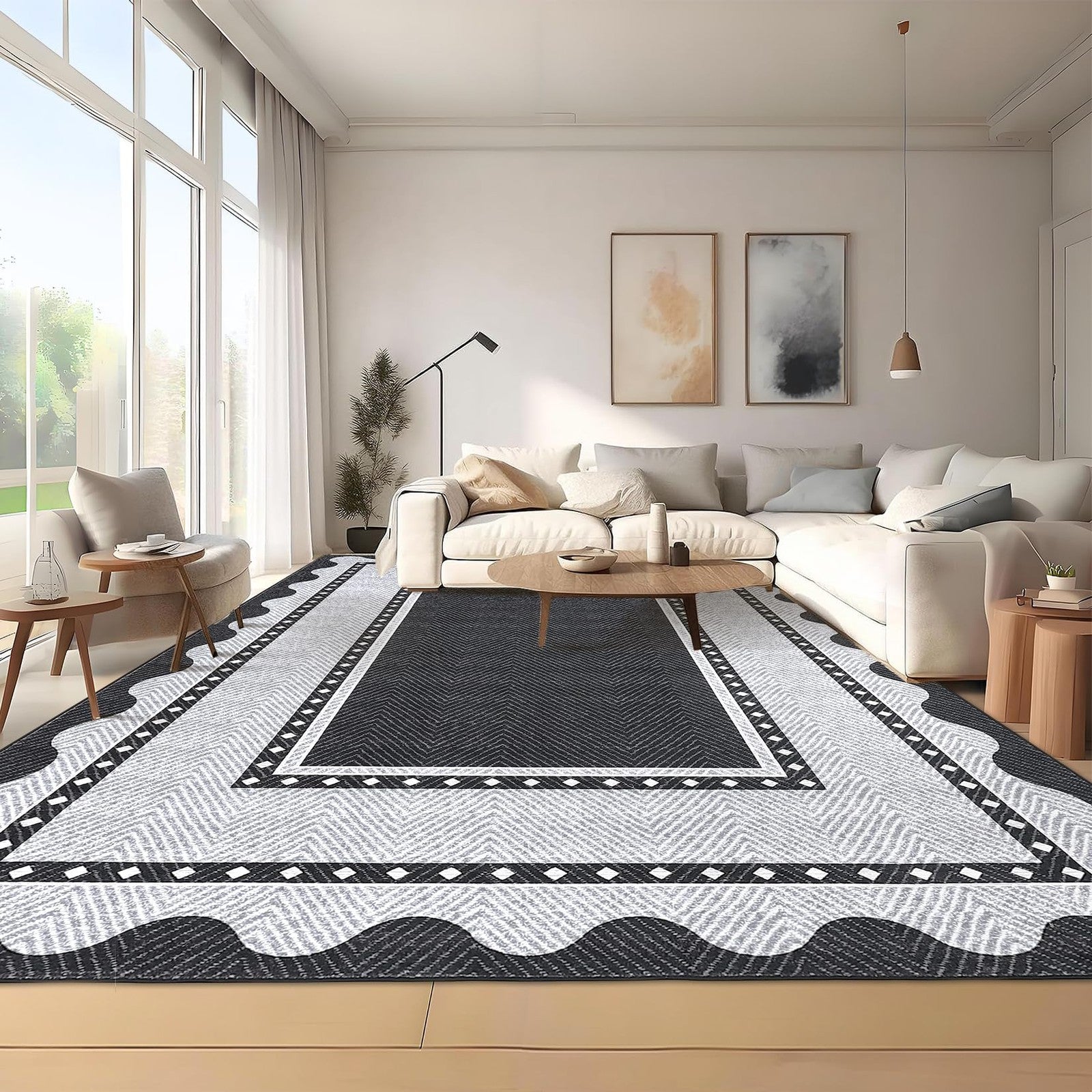 Garveehome modern neutral 9x12 area rug with a large washable design, suitable for living room decor.