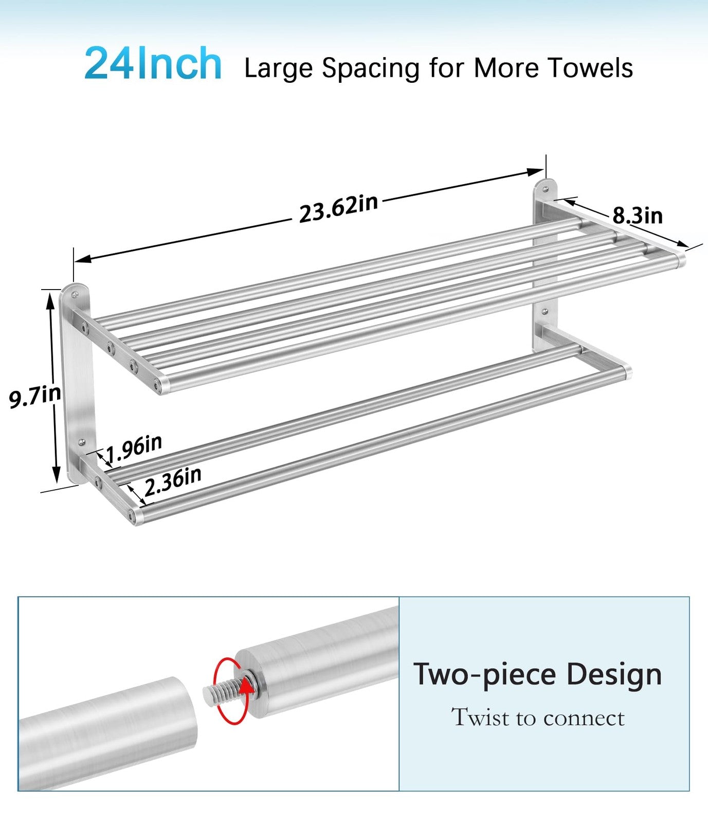 VOTZAAQ 24-inch bathroom towel rack with double towel bars, wall-mounted bath towel shelf for bathroom organization and storage.