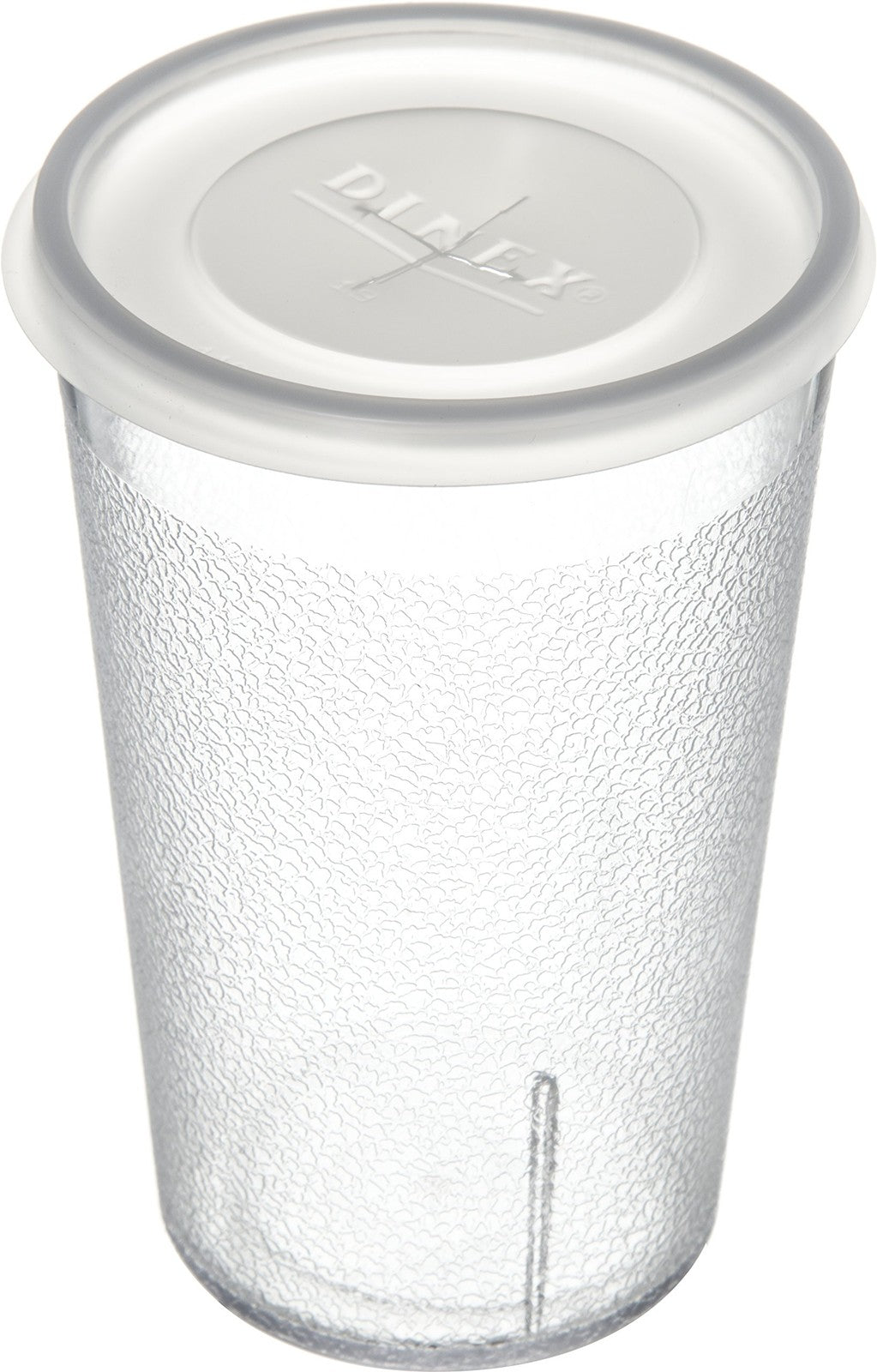 Set of 24 clear Carlisle Foodservice Products 9.5-ounce plastic tumblers on a table, showcasing durable, reusable drinkware.