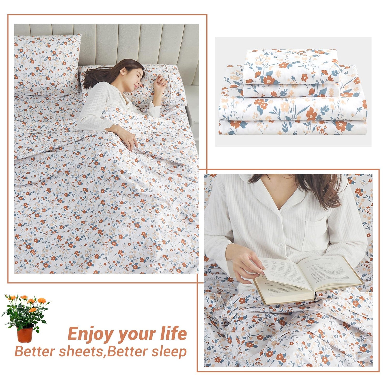 Softan orange floral bed sheets for king size bed with printed flower design on soft fabric.