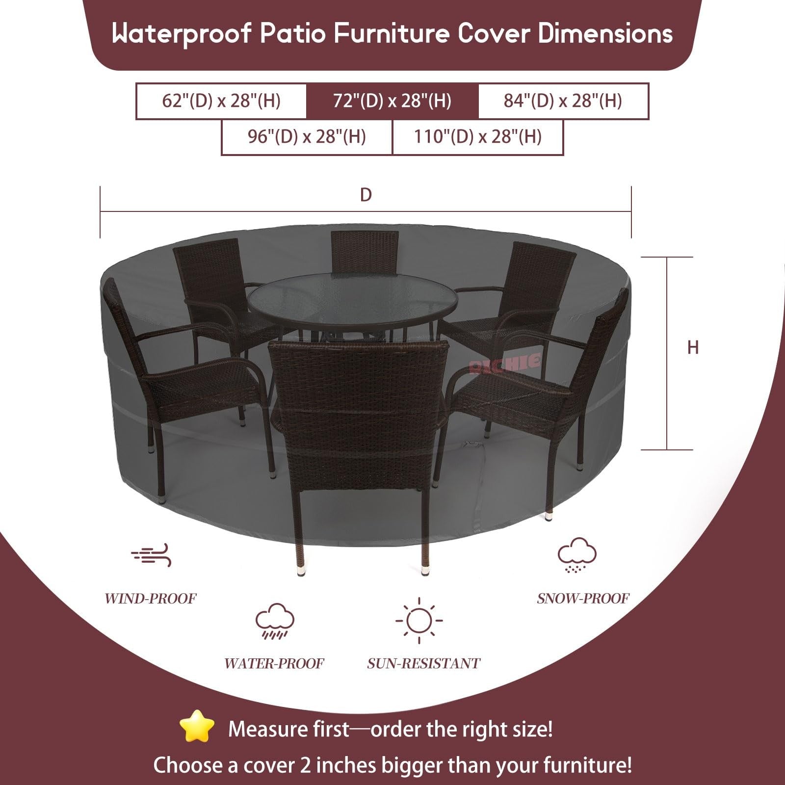 Richie waterproof round patio furniture cover made of 600D UV-resistant fabric, protecting outdoor furniture from weather and fading.