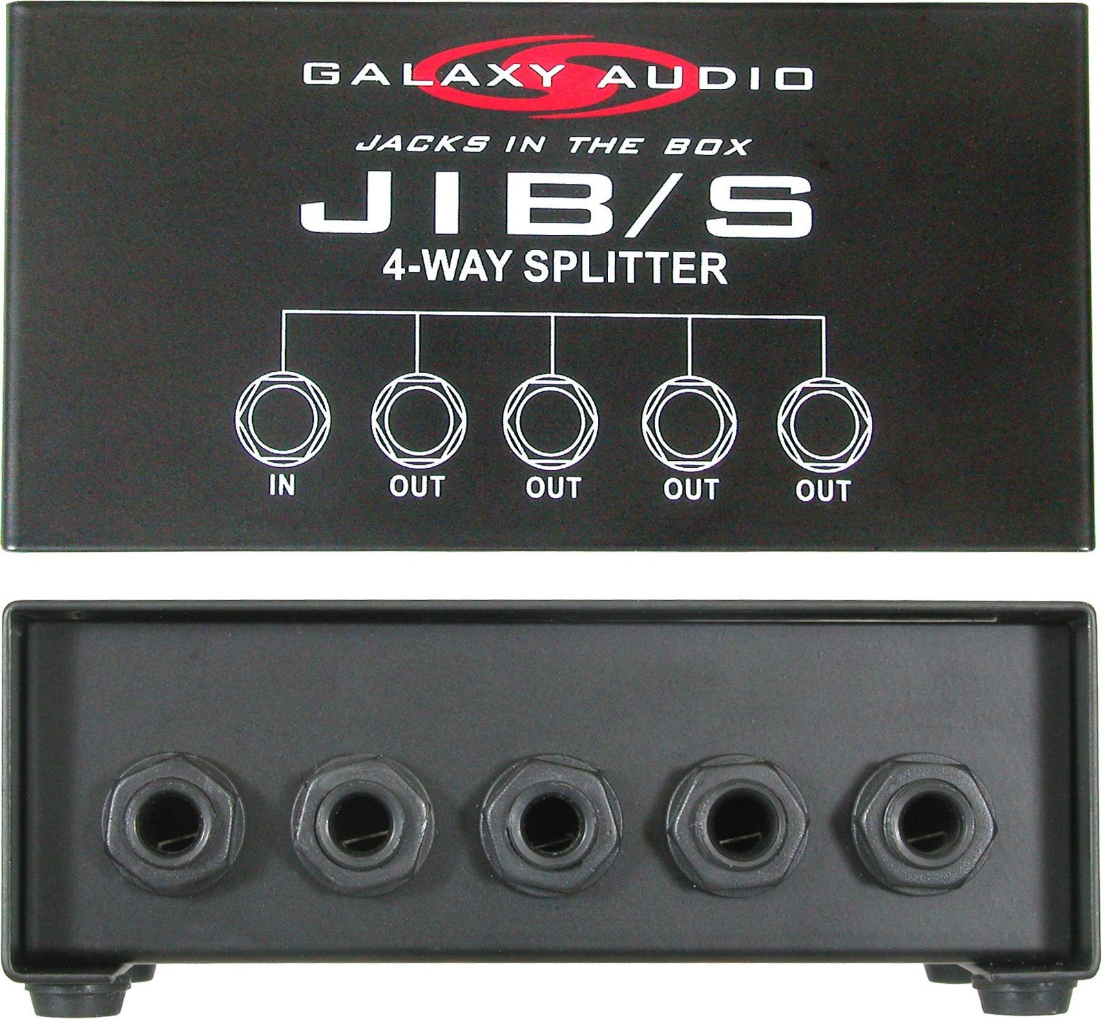 Galaxy Audio JIB/S 4-Way Splitter connected to audio cables, showing its compact black design and connection ports.