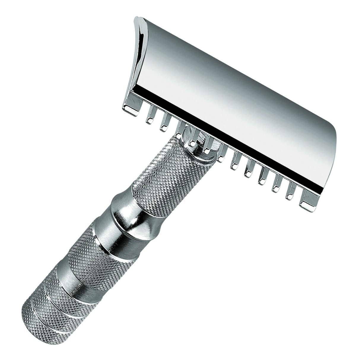 Merkur travel razor chrome open tooth comb with leather case, compact grooming tool for men, Model 985.