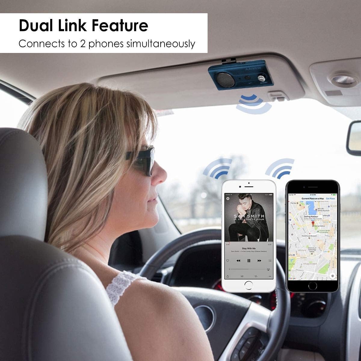 Avantree CK11 Bluetooth 5.0 car kit with 3W loud speakerphone and hands-free cell phone communication, mounted in a vehicle interior