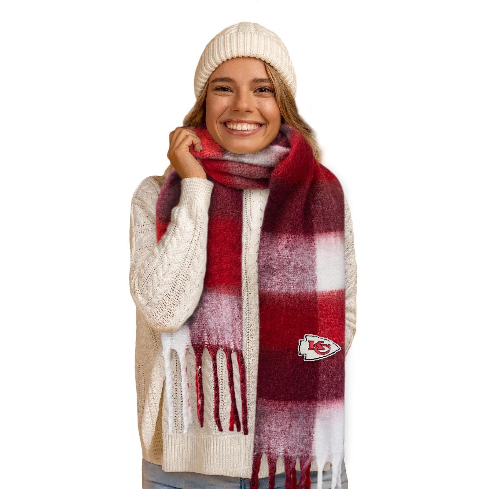 Littlearth NFL Kansas City Chiefs super soft scarf with team logo and red, white, and yellow colors, perfect for showing team spirit.
