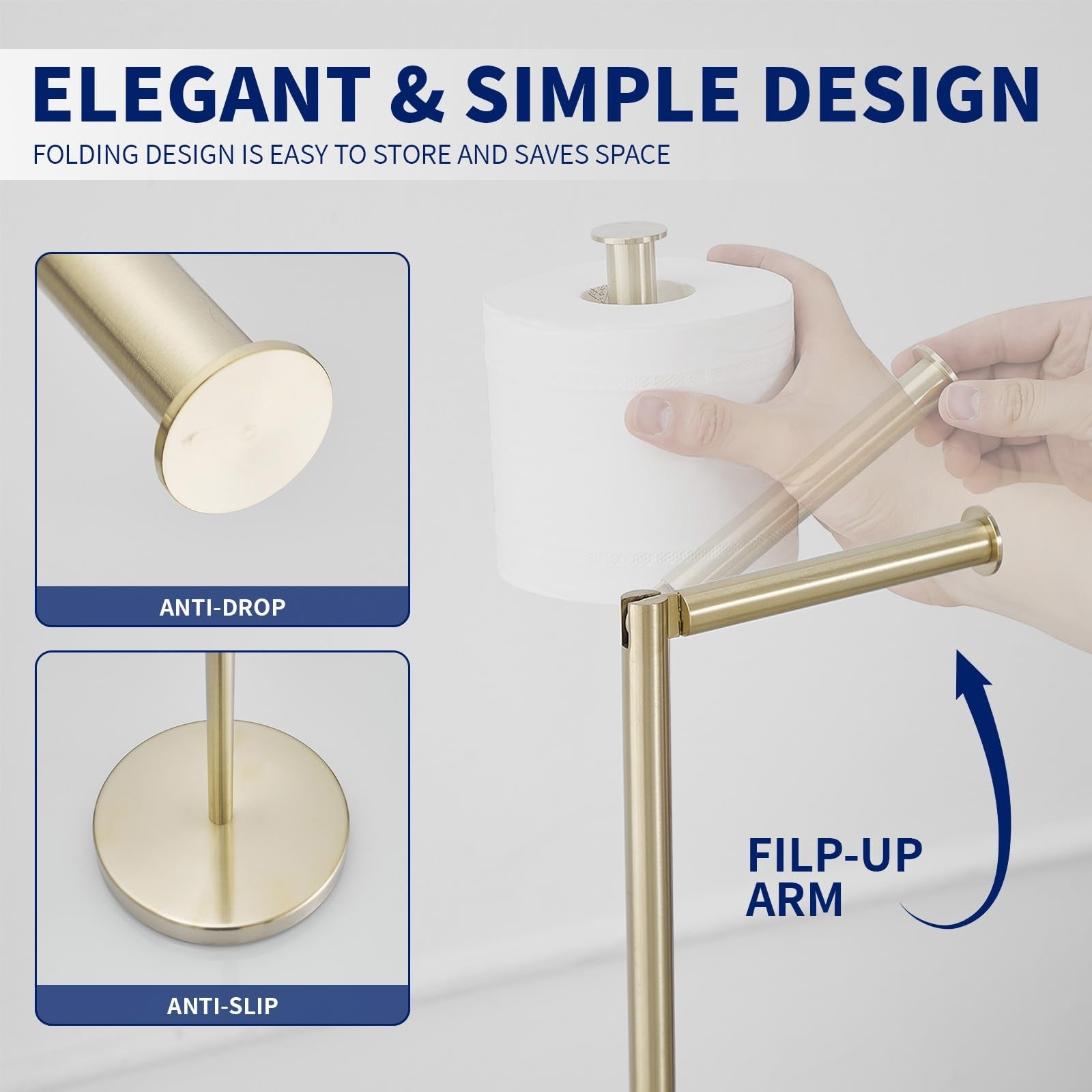BWE brushed gold modern toilet paper holder stand with storage for tissue rolls, sleek bathroom accessory.
