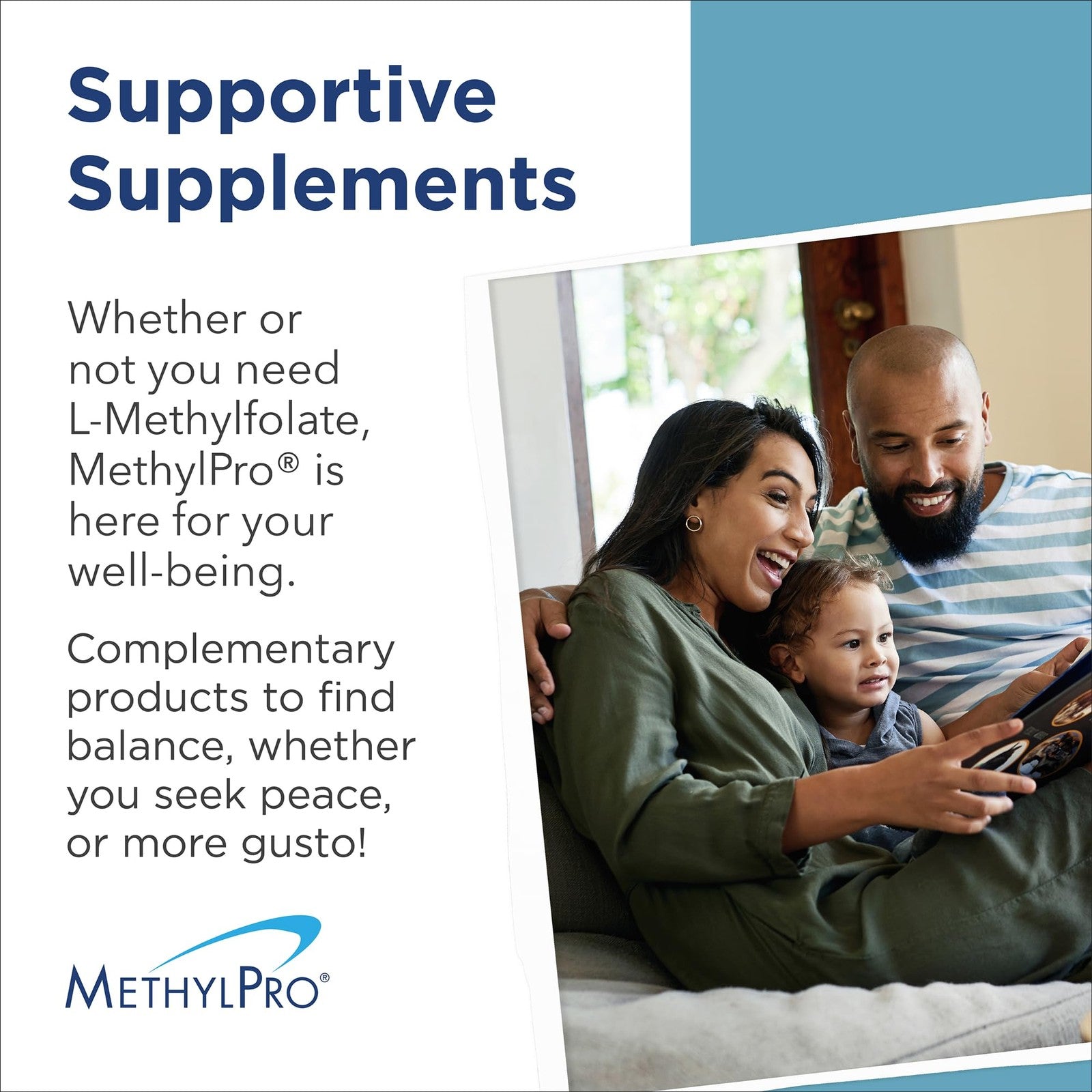 Bottle of MethylPro L-Methylfolate 15mg B12 B6 brain focus and calm supplement capsules with label visible.
