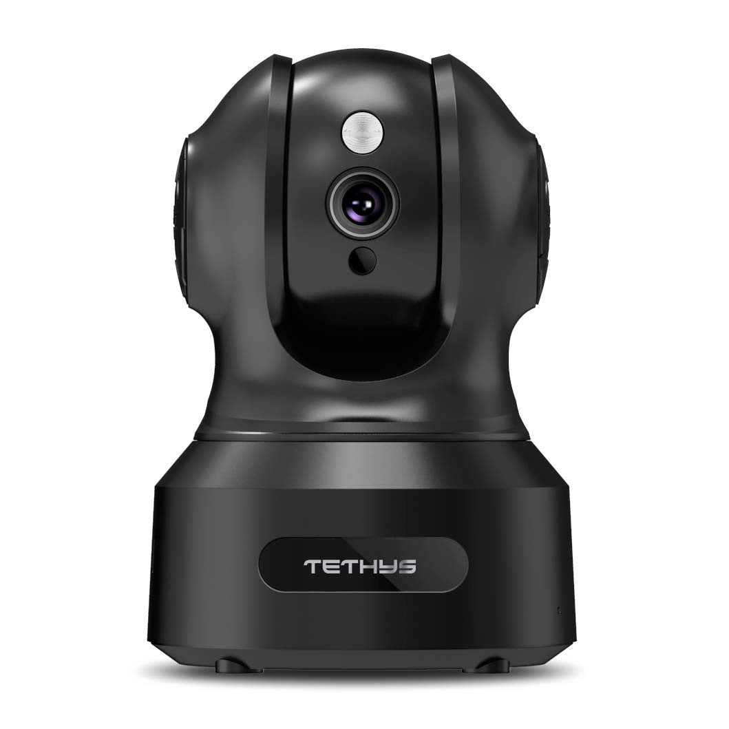 TETHYS wireless indoor security camera with 1080P resolution, pan and tilt functionality, compatible with Alexa, WiFi-enabled.