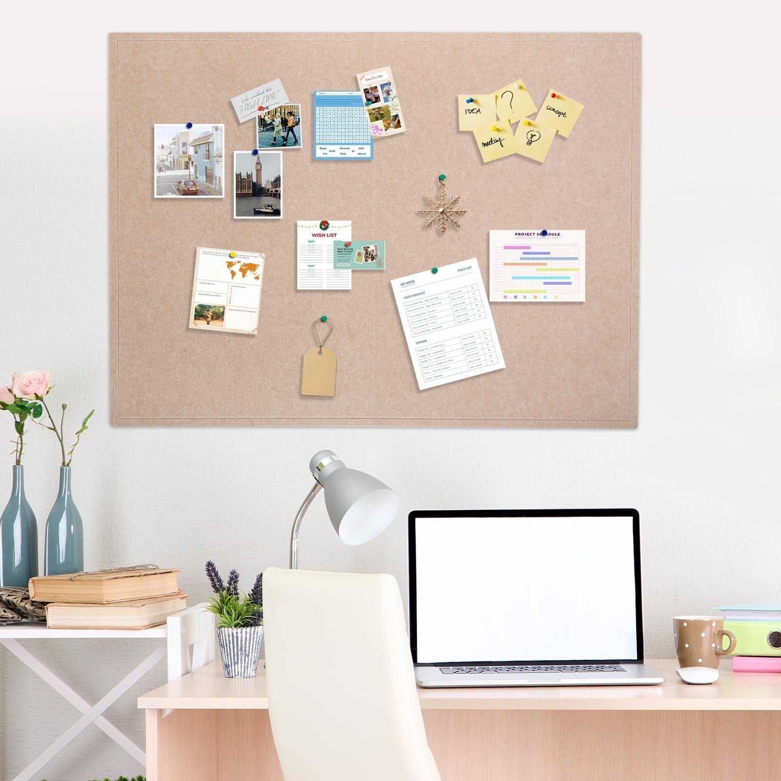 Dollar Boss large 48x36-inch foldable felt cork bulletin board with decorative frame, ideal for organizing or displaying notes.