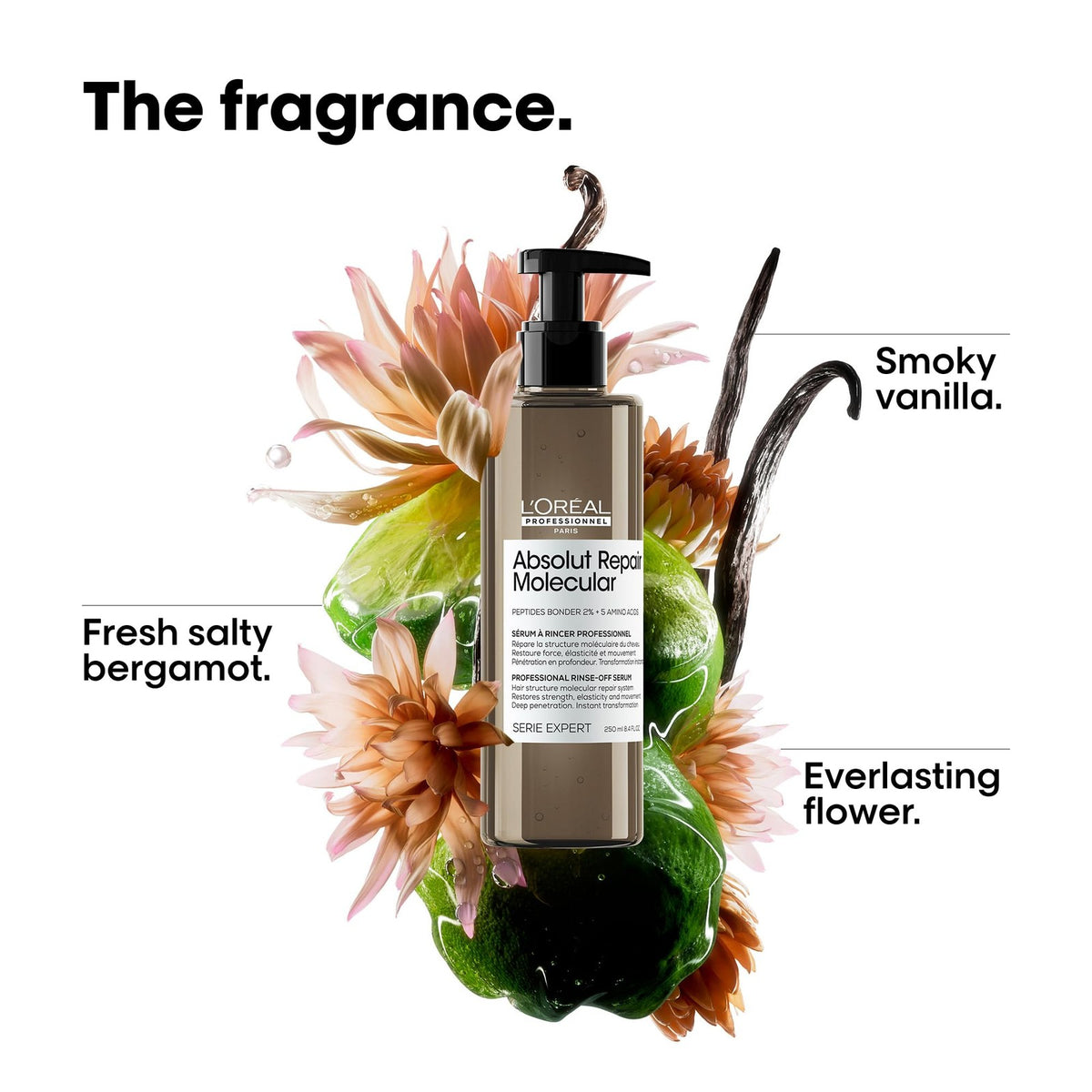 L'Oréal Professionnel Paris Absolut Repair molecular rinse-off serum applied to damaged hair, showing a clear, lightweight hair treatment product.