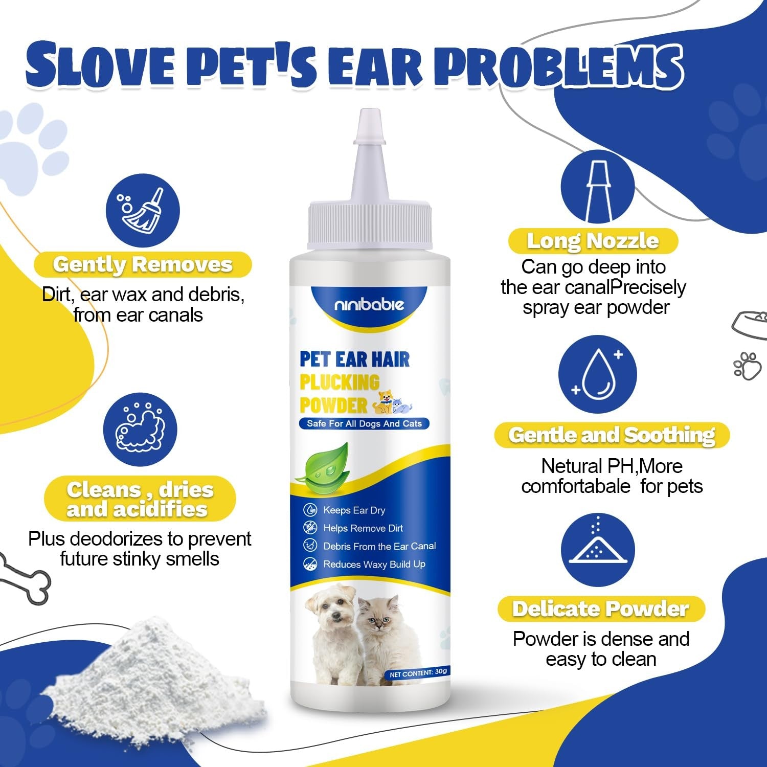 Ninibabie Dog Ear Powder Hair Removal with curved 5.5-inch hemostat for gentle ear cleaning and hair removal on pets.