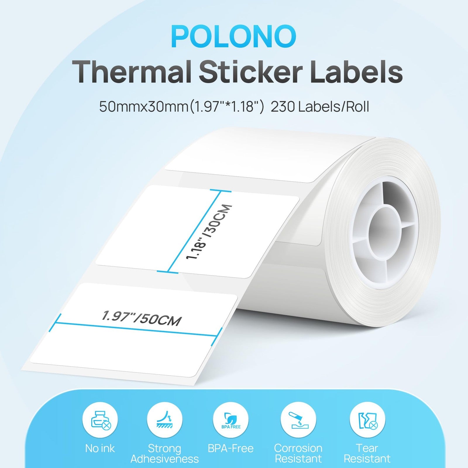 POLONO thermal labels for PM220S label maker, 1.97x1.18 inches, white, 3 rolls of multi-purpose adhesive labels.