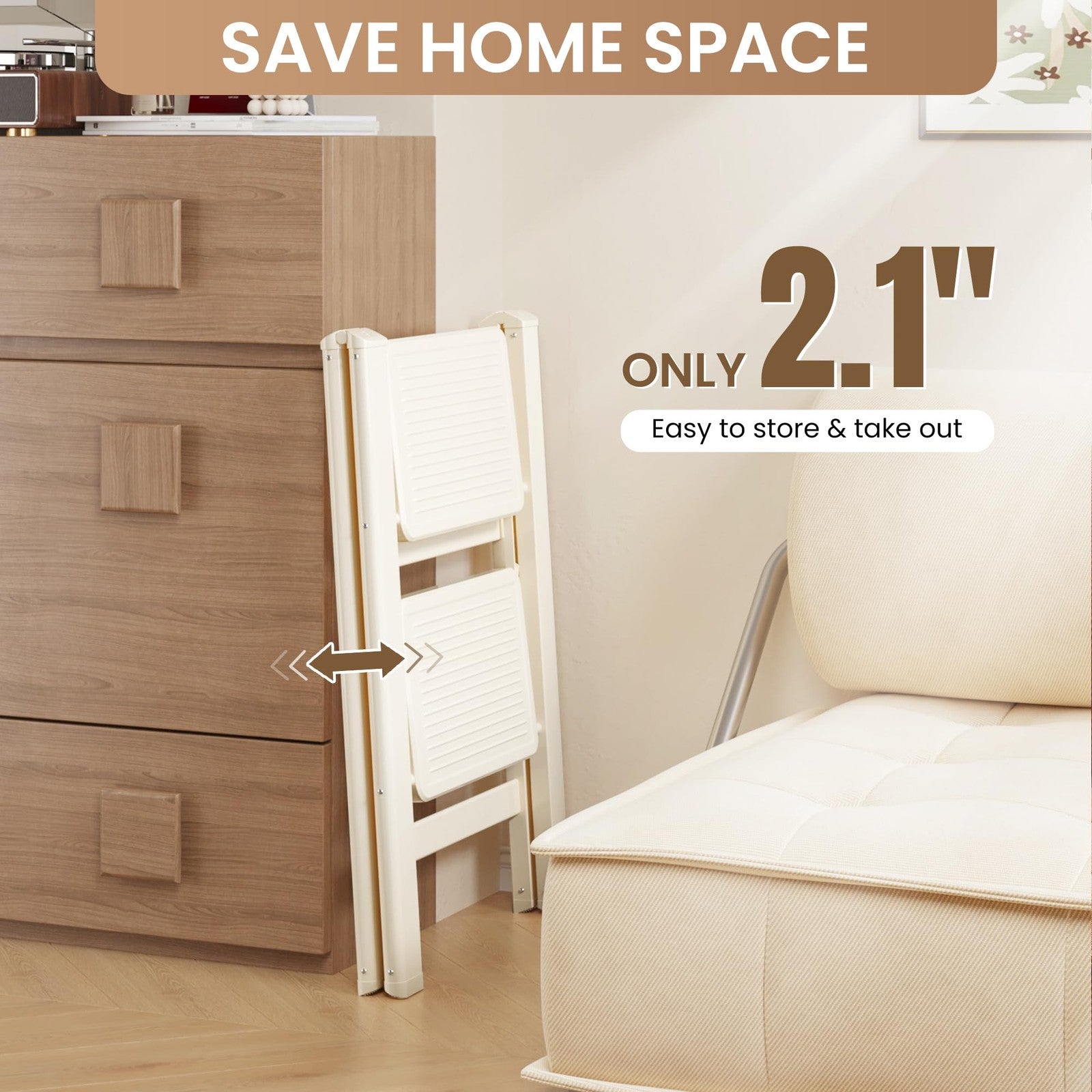 GameGem 2-step folding ladder with wide anti-slip pedals and 330LBS capacity, ideal for reaching high shelves safely.