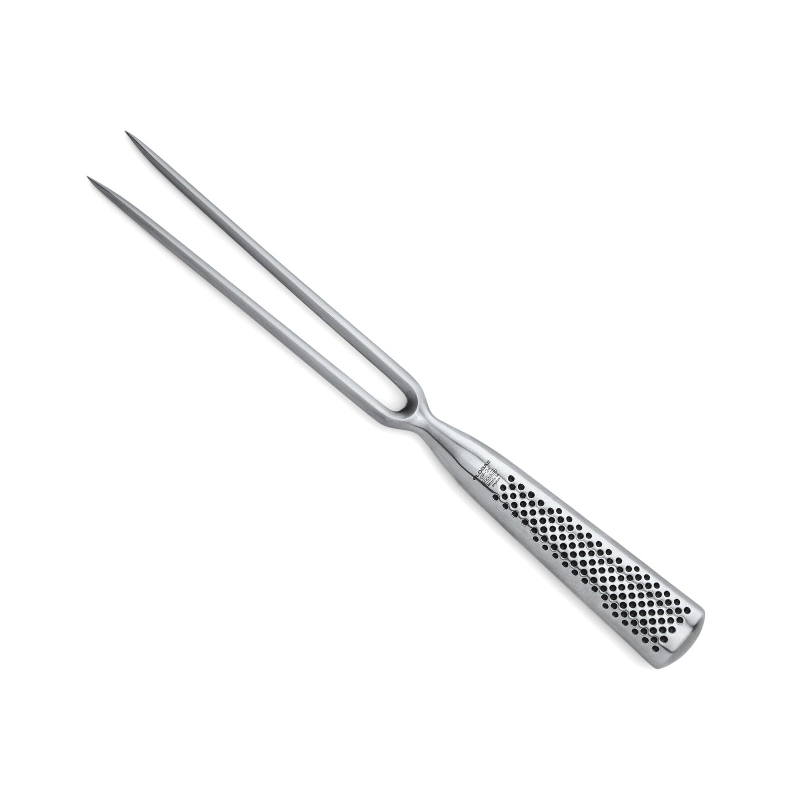 Global 7-inch forged stainless steel carving fork with straight tines, lightweight Japanese design, ideal for precise meat carving.