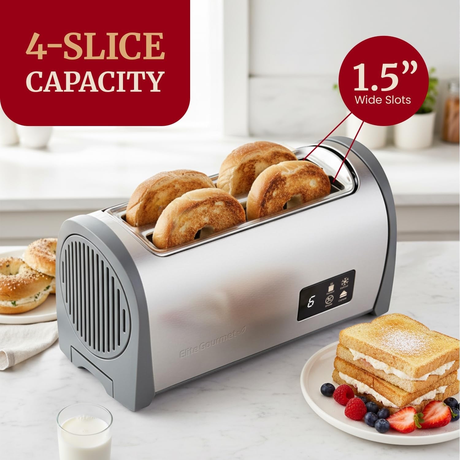 Elite Gourmet digital long slot 4-slice toaster with touch screen LED display and stainless steel exterior.