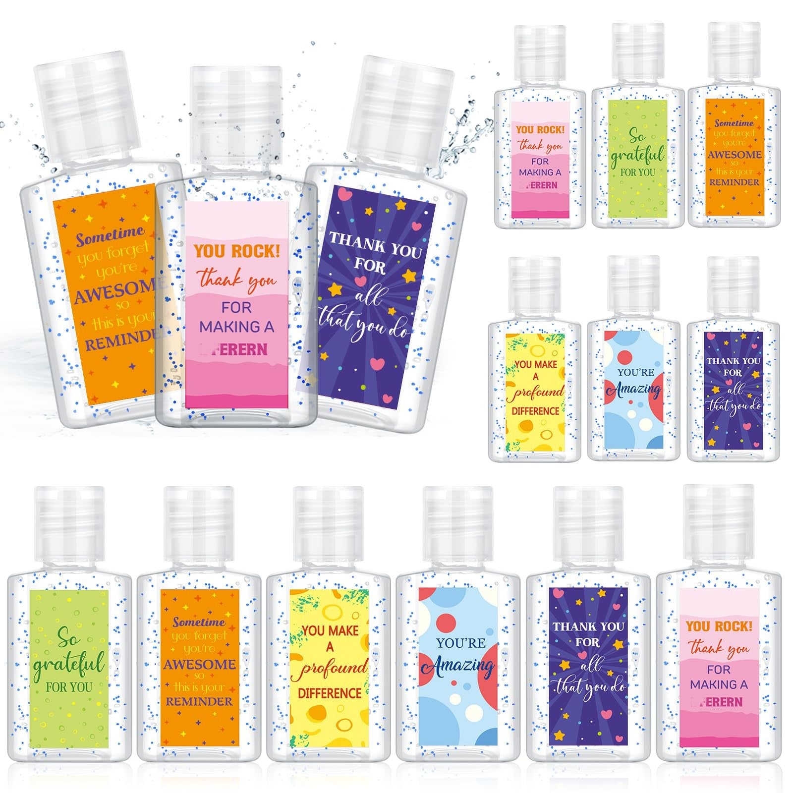 Set of 48 Frienda mini hand sanitizers, 1oz travel size bottles for employee appreciation, shown in a retail display.