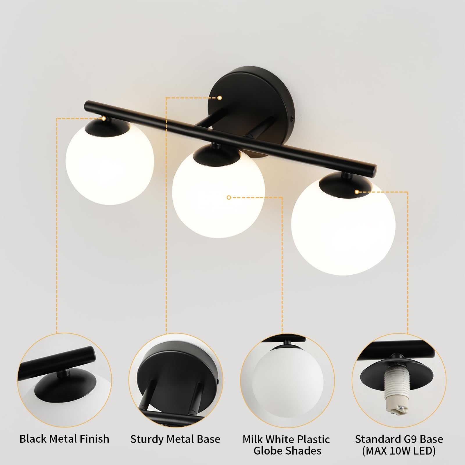 foucasal black globe bathroom light fixture with three plastic-mount vanity lights, modern design for bathroom illumination