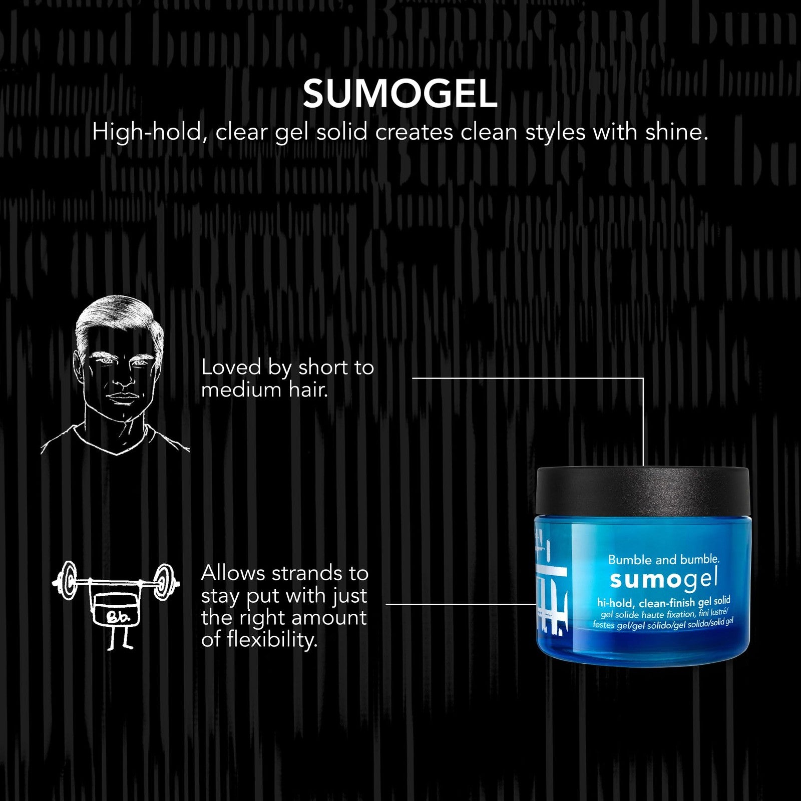 Bumble and bumble Sumogel Hi-Hold Styling Hair Gel with strong hold and high-shine finish, shown in a clear container with gel texture.