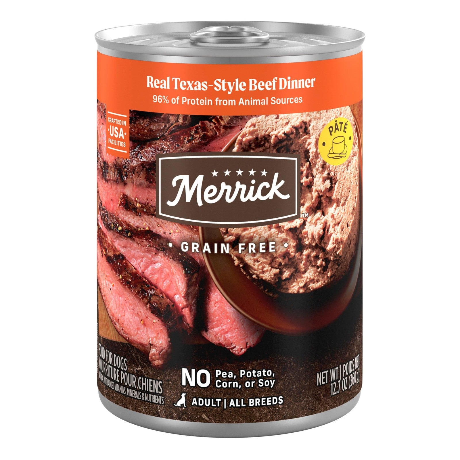 Merrick grain-free canned dog food with real Texas beef dinner, natural ingredients, and premium nutrition for dogs.