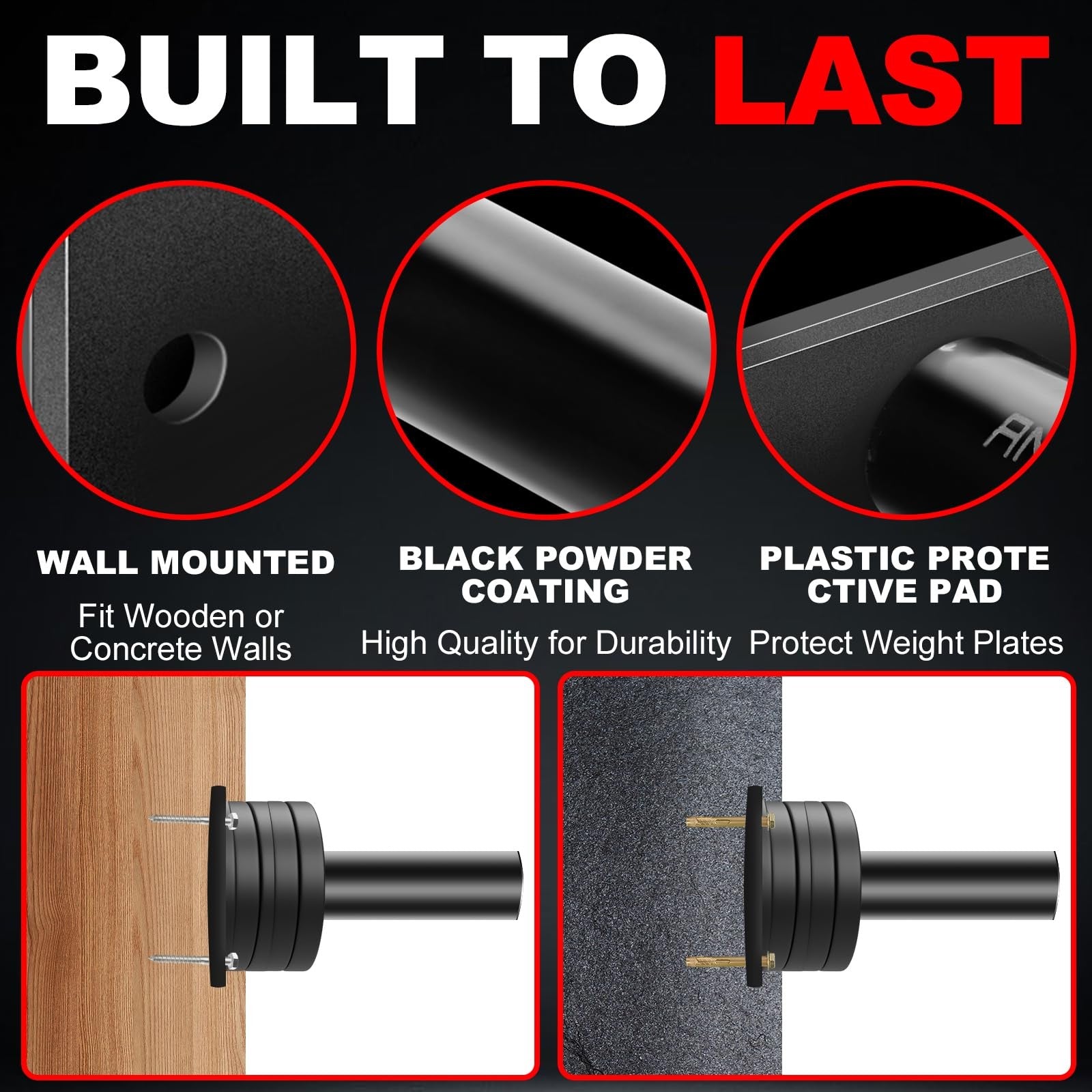 Wall-mounted ANOSWXG strength training plate storage rack holding 2-inch weight plates for gym organization.