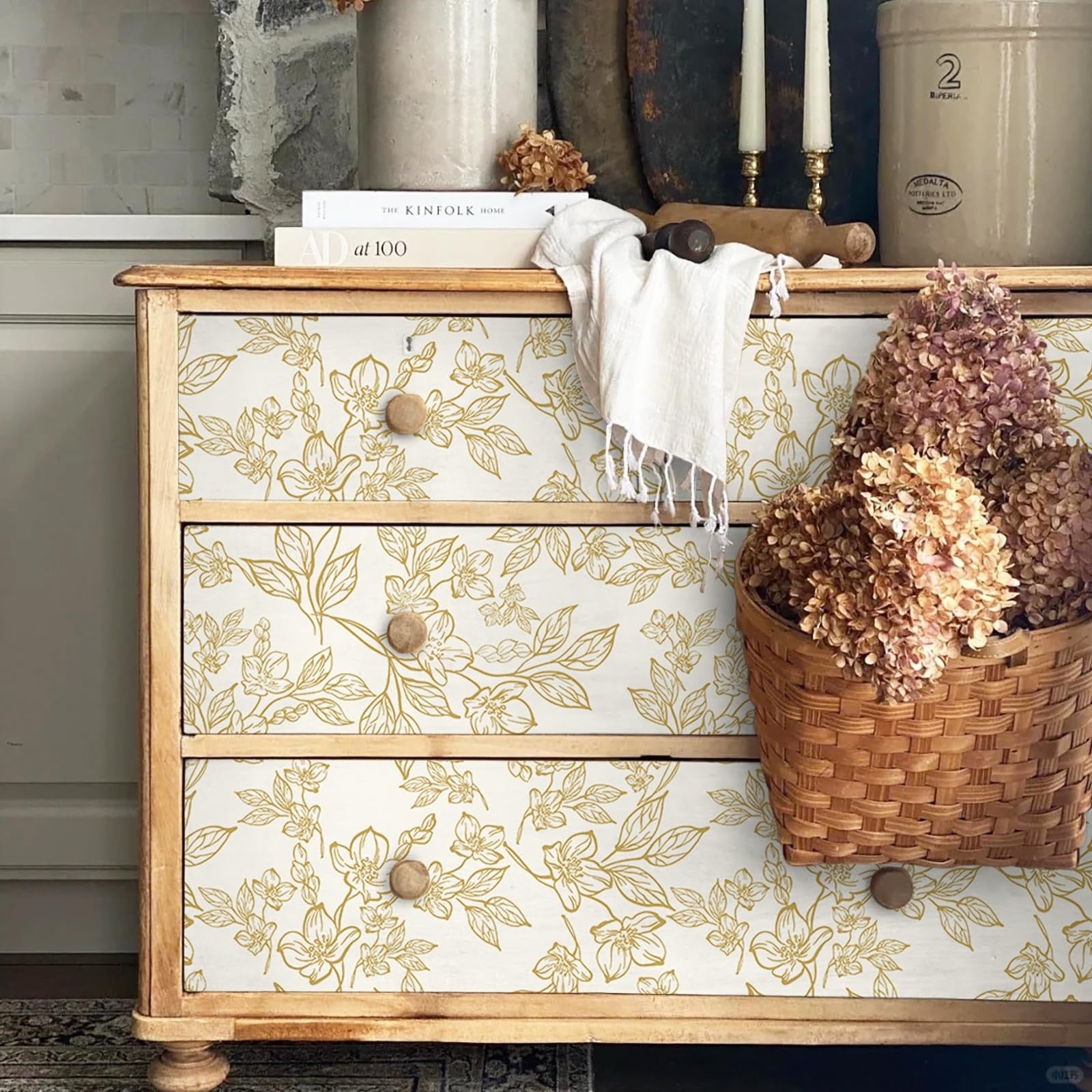 Ismoon floral wallpaper peel and stick vintage beige and gold contact paper with floral pattern for home decor.