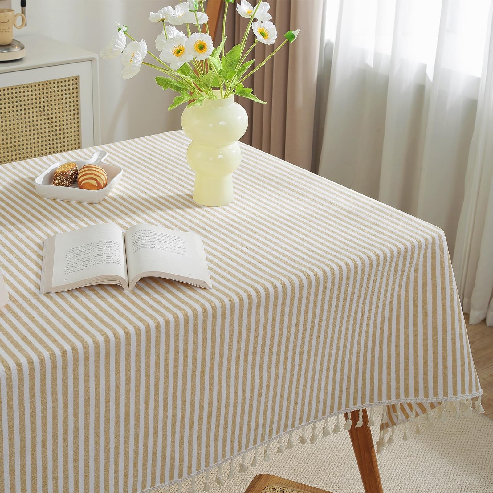 Beige striped cotton blend tablecloth with tassels from Meioro, dust-proof and suitable for protecting dining tables.