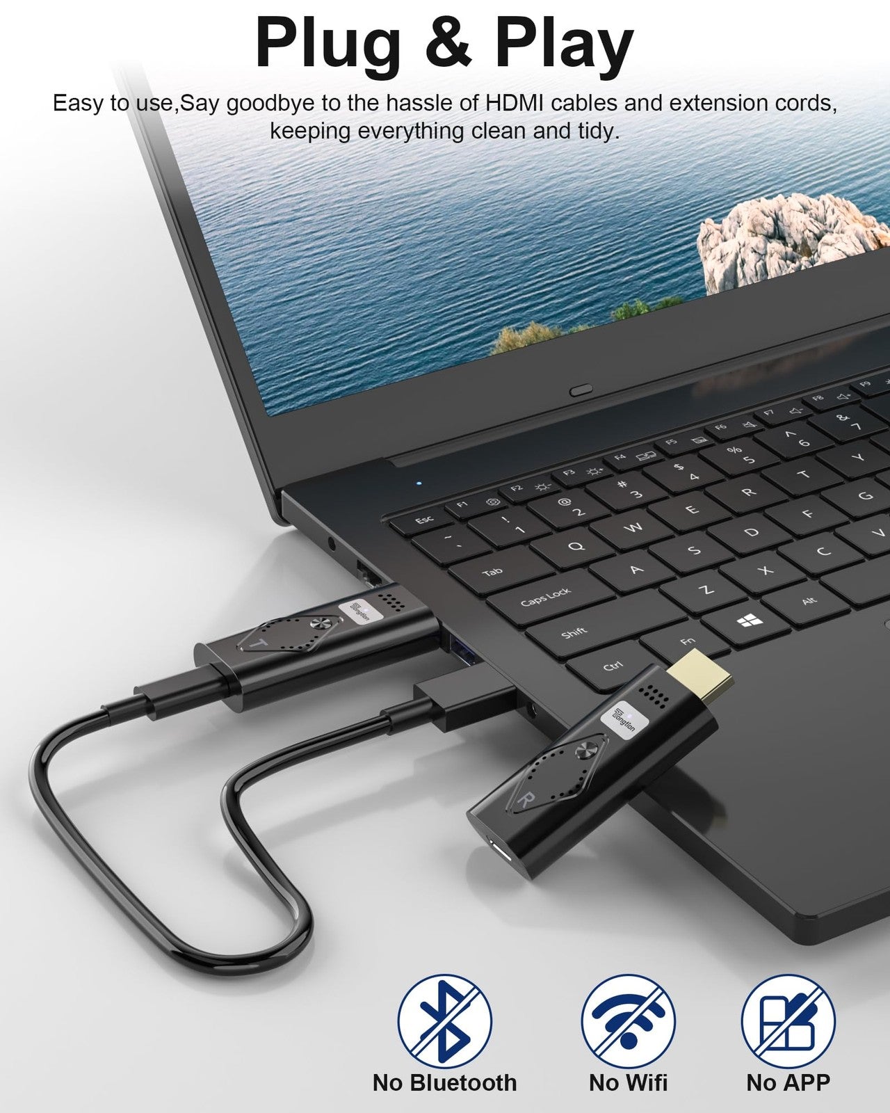 Tongtion Wireless HDMI Extender transmitter and receiver with 2.4/5GHz plug-in design, compact electronic device for seamless HDMI signal extension.
