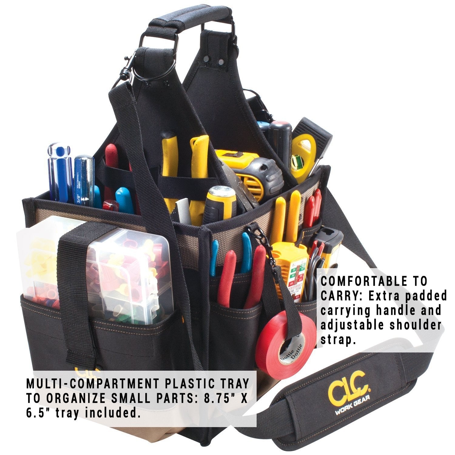 Black CLC Custom LeatherCraft 1528 large electrical and maintenance tool carrier with multiple compartments and sturdy handle.