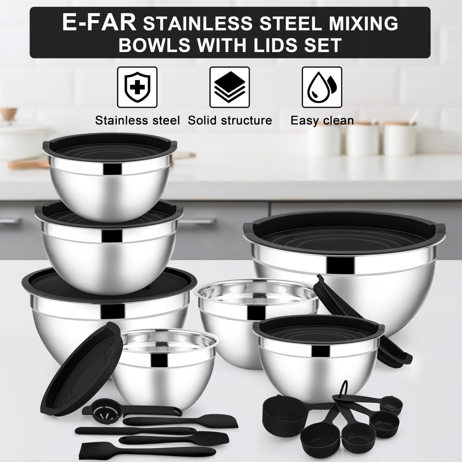 E-far 21-piece stainless steel mixing bowls set with lids, including various sizes for salads, baking, and food prep.