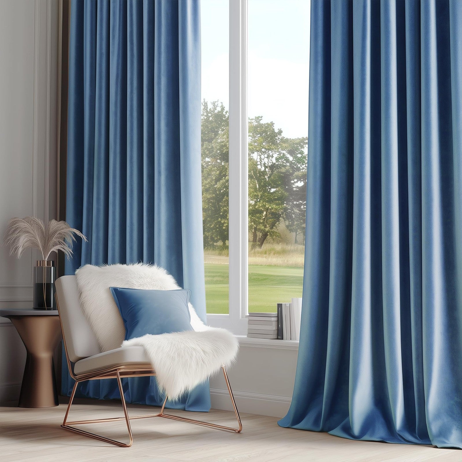 FMFUNCTEX velvet blackout curtains in blue with thermal insulation, ideal for bedroom privacy and light blocking.