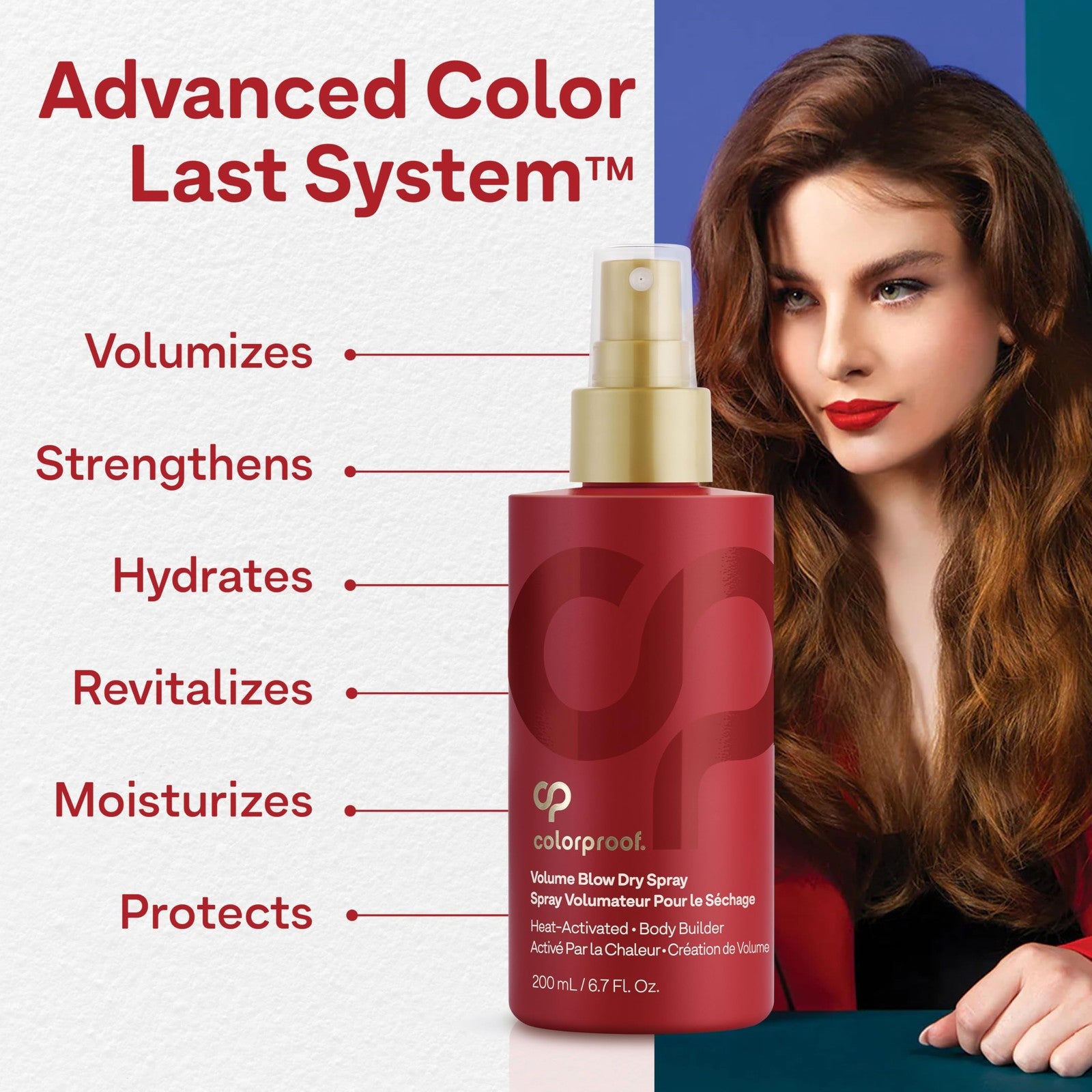 ColorProof Volume Blow Dry Spray Primer 6.7oz with volumizing and heat protection for styled hair, visible in the image.