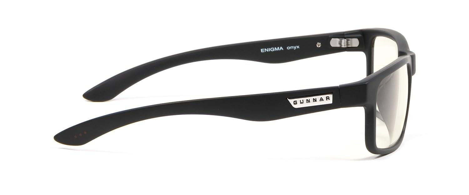 Gunnar Enigma premium gaming glasses blocking 35% blue light, featuring sleek black frames and clear lenses for computer use.