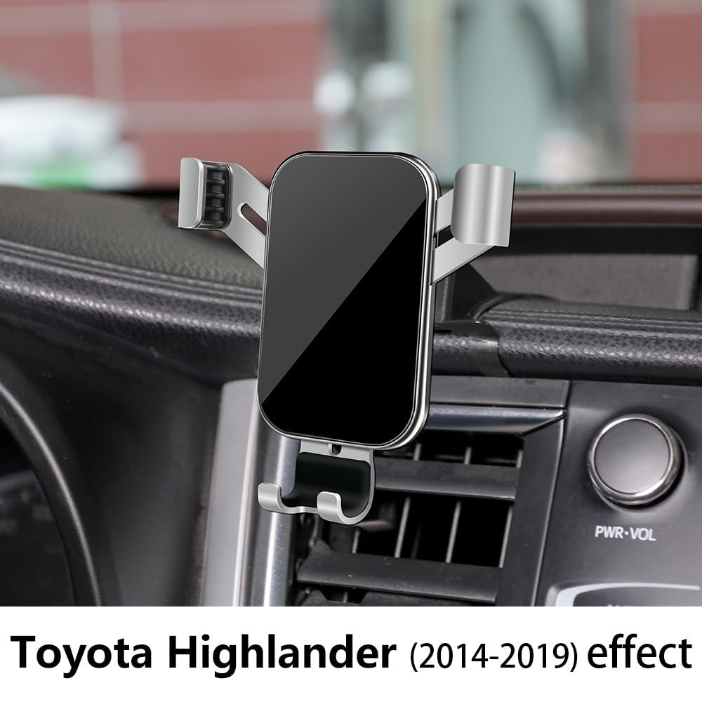 LUNQIN car phone holder mounted on a Toyota Highlander dashboard, compatible with models 2014-2019, holding a smartphone securely.
