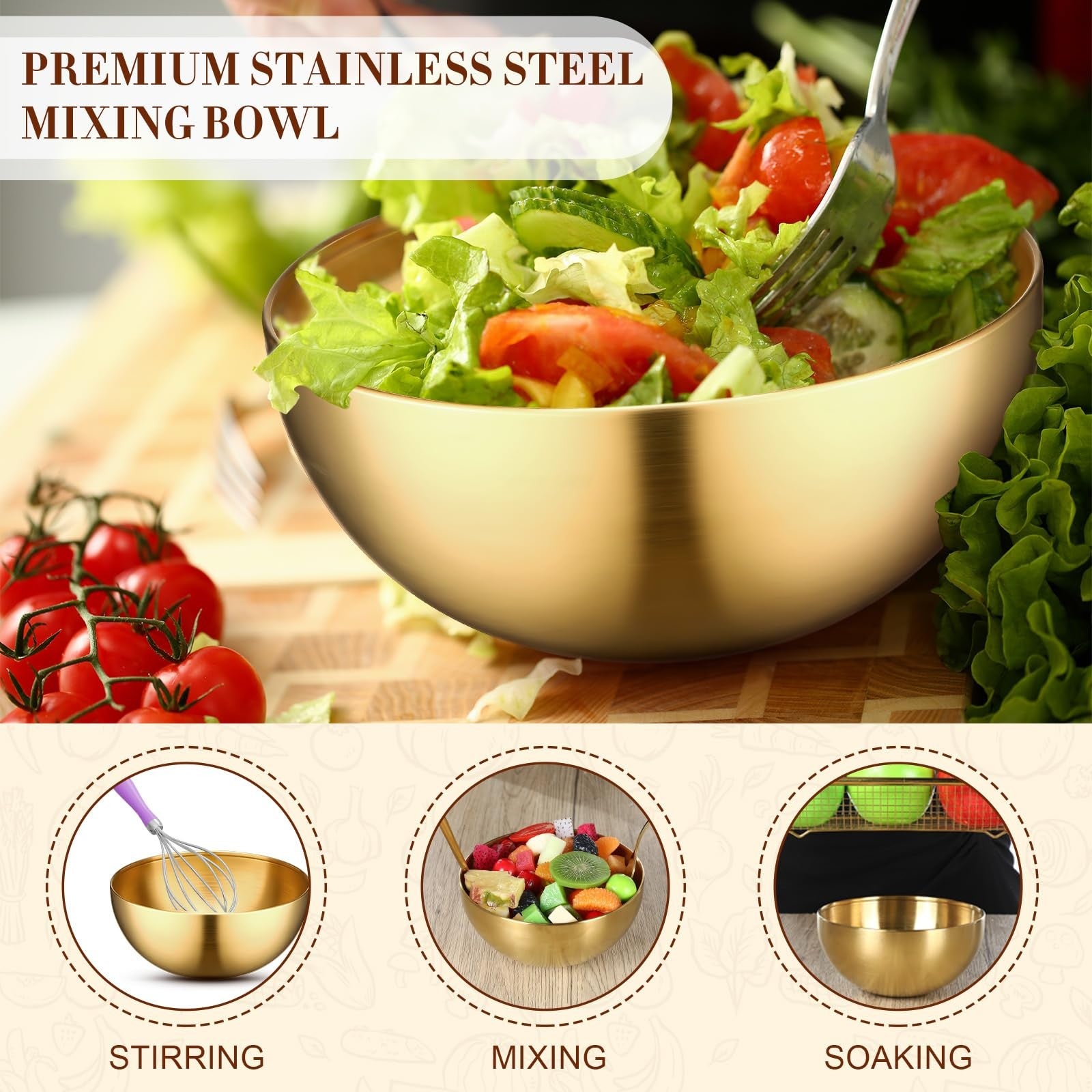 Six Nuogo stainless steel mixing bowls with decorative gold finish, ideal for kitchen prep and presentation.