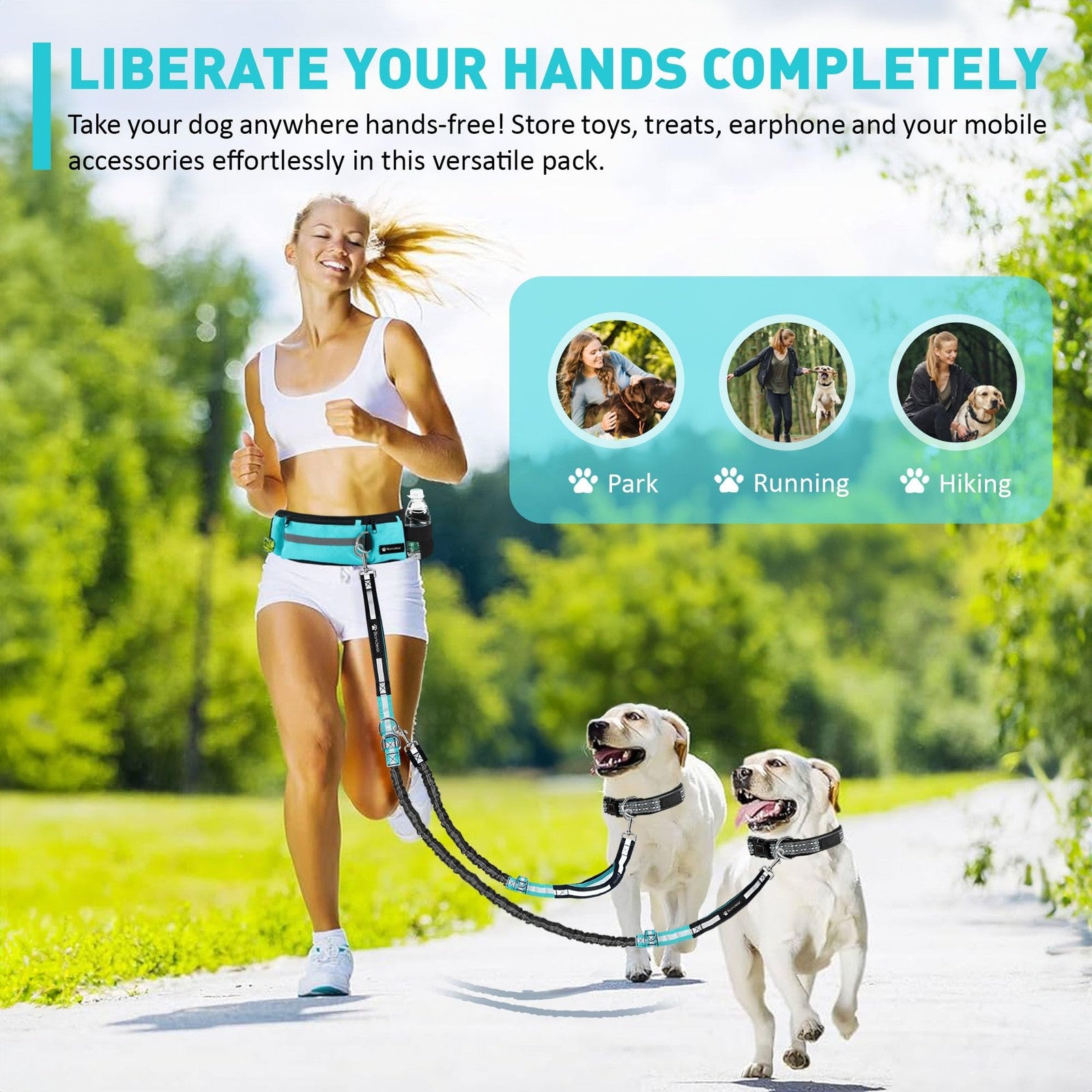 BONDESIR double dog waist leash for small, medium, and large dogs, with shock-absorbing features, shown in use.
