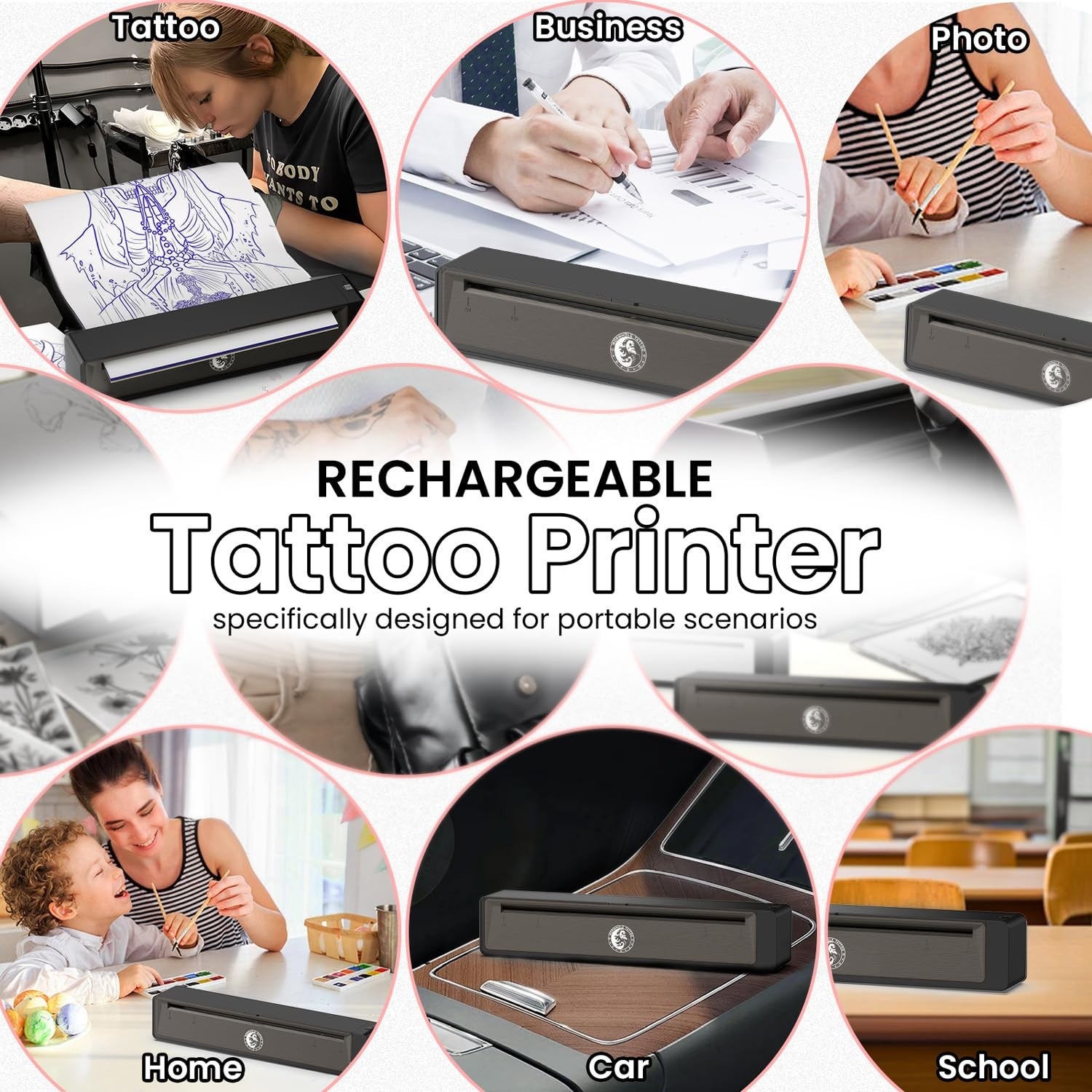 Wormhole Tattoo stencil printer with wireless Bluetooth, portable design, and a 2,500mAh battery, shown on a clean surface.