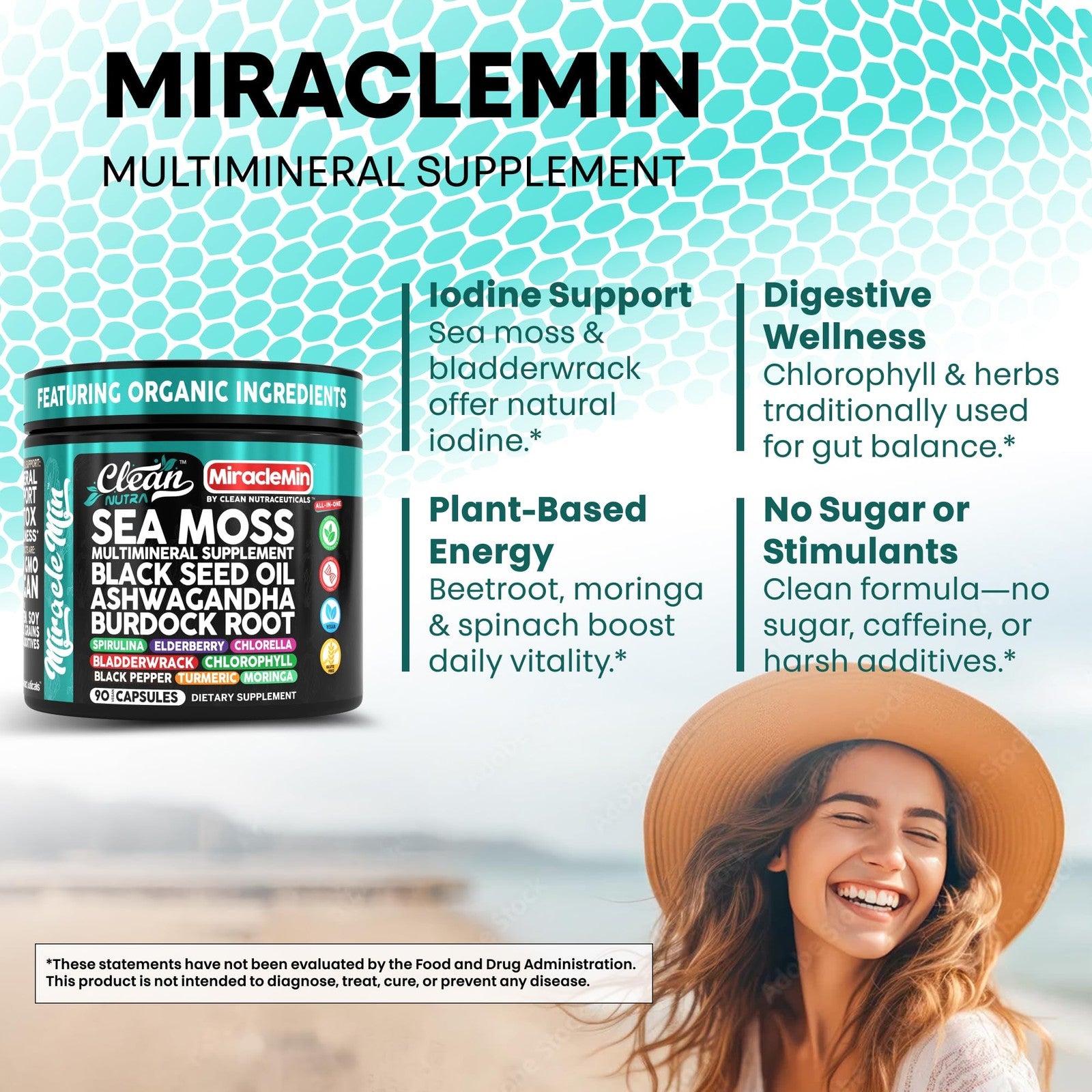 Clean Nutra Organic Sea Moss capsules with Ashwagandha, Black Seed Oil, and Burdock, in a clear bottle with supplement tablets inside.