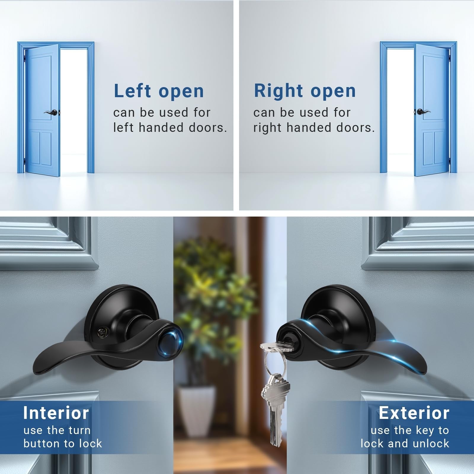 Knobonly 3-pack keyed bathroom and bedroom door locks with matte black handles, featuring front door lock mechanisms and modern design.
