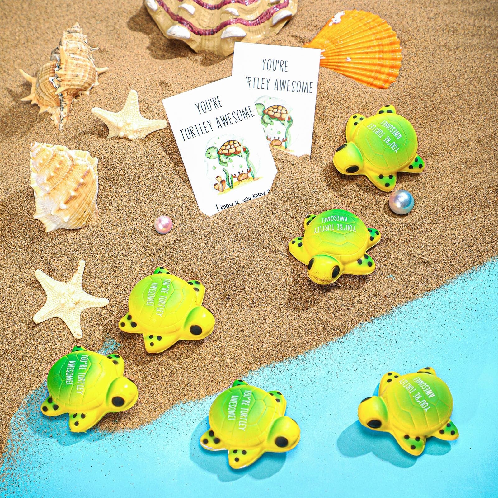 Libima 50-pack turtle stress balls with motivational quotes, soft rubber texture, ideal for adults and stress relief.