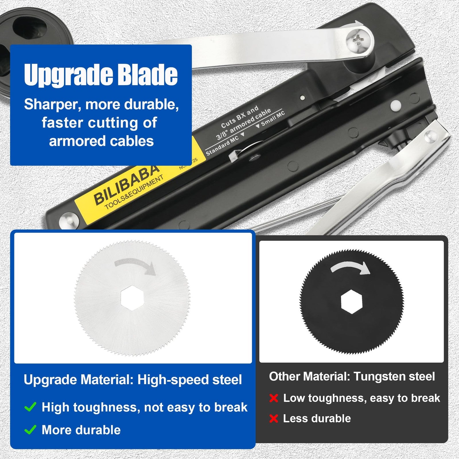 Blibaba Greenfield armored and BX cable cutter for 3/16" to 1-inch MC cables, easy-assembly tool for electrical work.