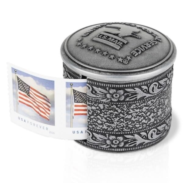 Floral metal stamp coil dispenser holder for Forever postage stamps, US Postal Service, with decorative floral design.