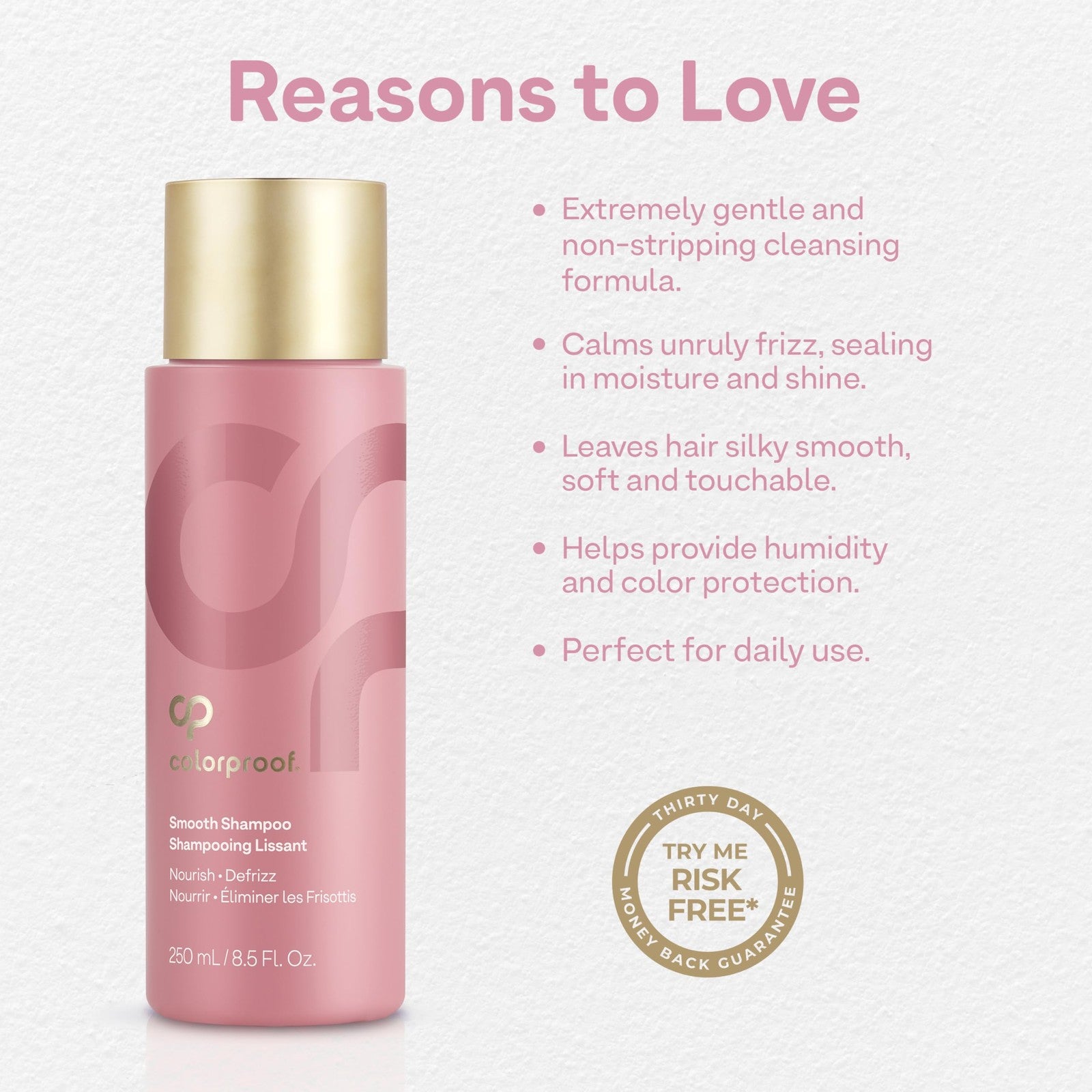 ColorProof Smooth Shampoo bottle, 8.5 oz, with sleek packaging and clear label, designed for gentle, hydrating hair cleansing.